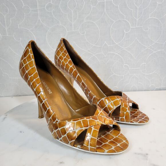 Enzo Angiolini Womens Shoes 7.5 Orange Leather Giraffe Print Open Toe Pump Heels - Picture 1 of 16